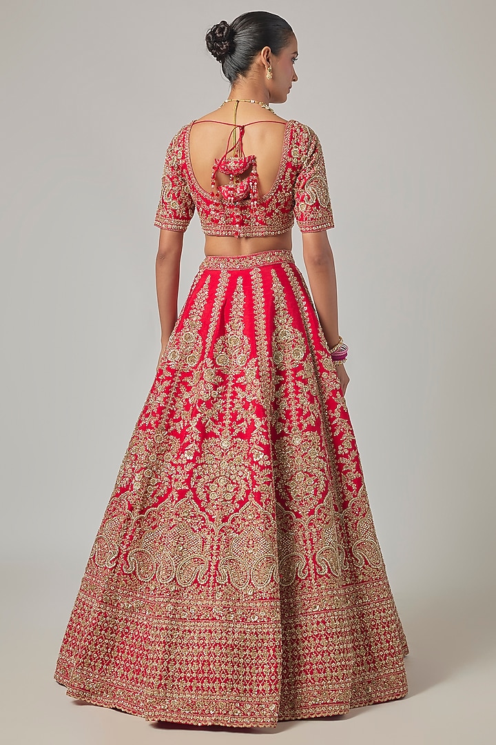 Red Raw Silk Embroidered Bridal Lehenga Set by Kalighata at Pernia's Pop Up Shop