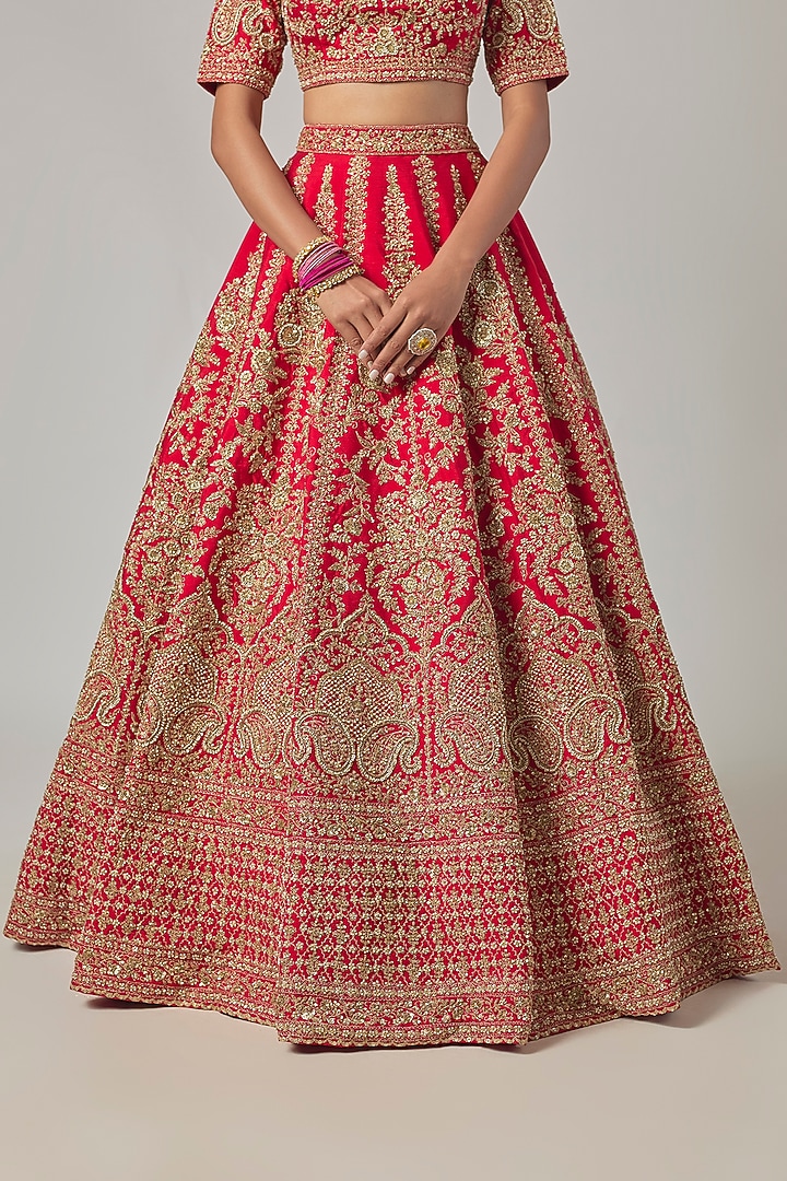Red Raw Silk Embroidered Bridal Lehenga Set by Kalighata at Pernia's Pop Up Shop