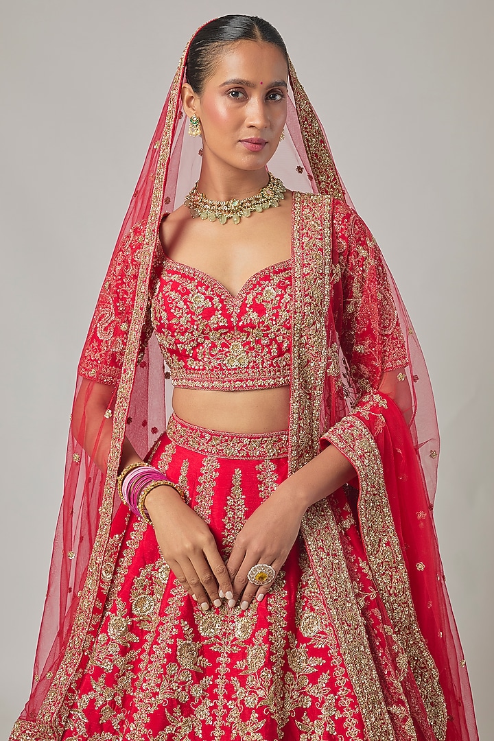 Red Raw Silk Embroidered Bridal Lehenga Set by Kalighata at Pernia's Pop Up Shop
