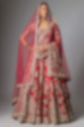 Red Raw Silk Bridal Lehenga Set by Kalighata at Pernia's Pop Up Shop