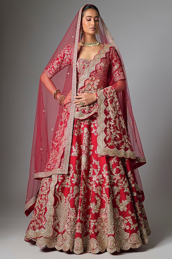 Red Raw Silk Bridal Lehenga Set by Kalighata at Pernia's Pop Up Shop
