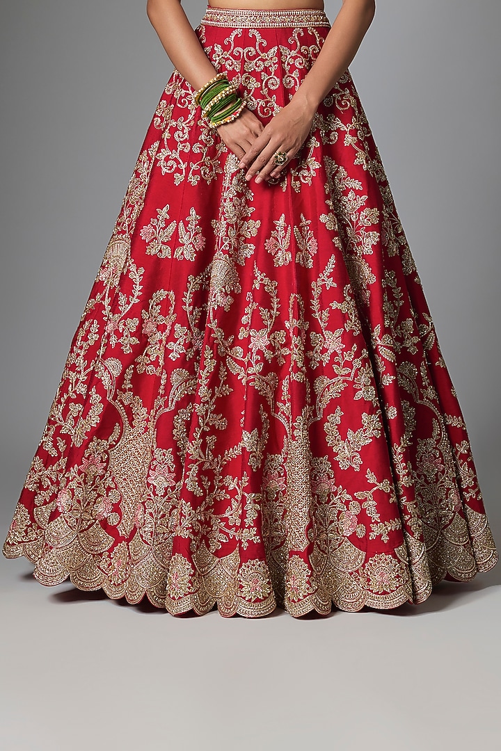 Red Raw Silk Bridal Lehenga Set by Kalighata at Pernia's Pop Up Shop