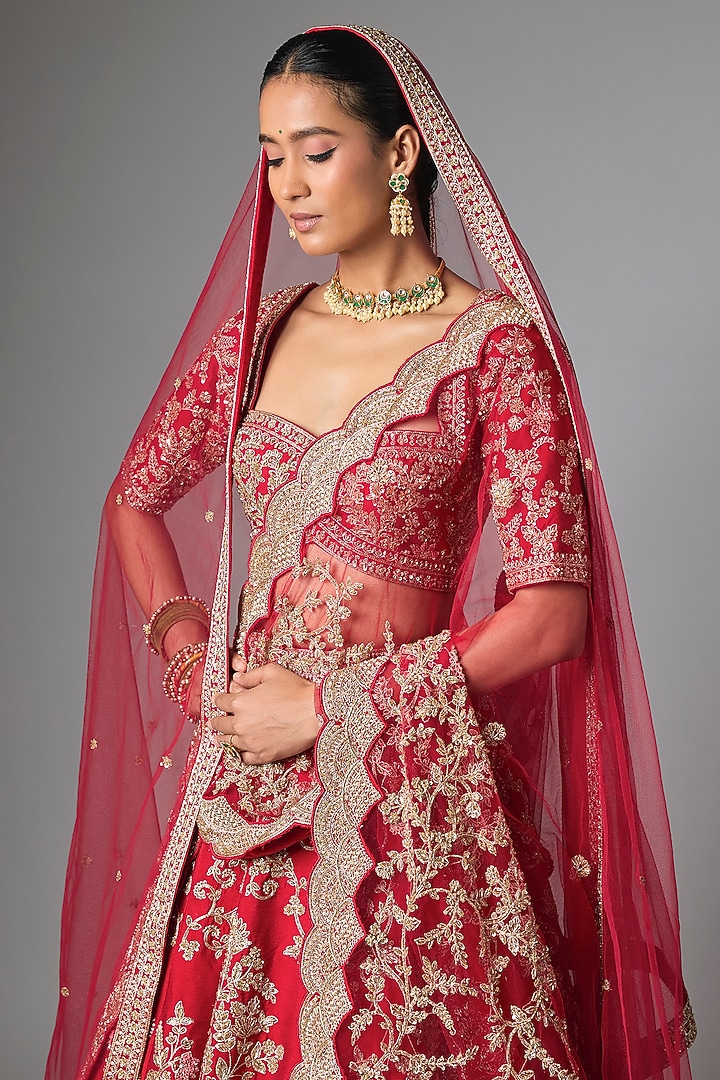 Red Raw Silk Bridal Lehenga Set by Kalighata at Pernia's Pop Up Shop