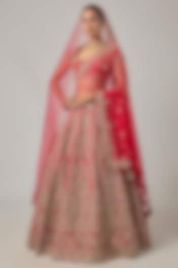 Red Raw Silk Embroidered Bridal Lehenga Set by Kalighata at Pernia's Pop Up Shop