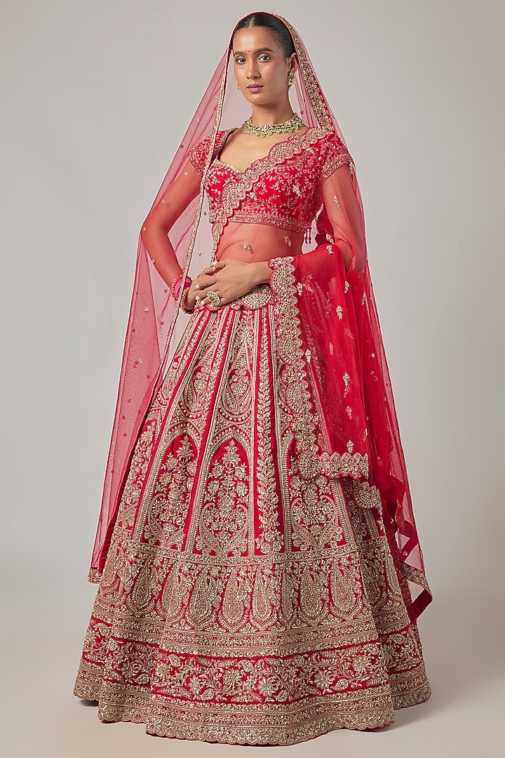 Red Raw Silk Embroidered Bridal Lehenga Set by Kalighata at Pernia's Pop Up Shop