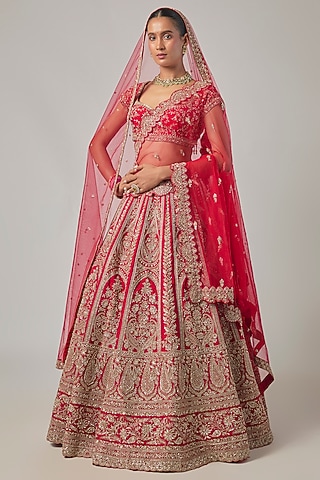 Red Raw Silk Embroidered Lehenga Set by Kalighata