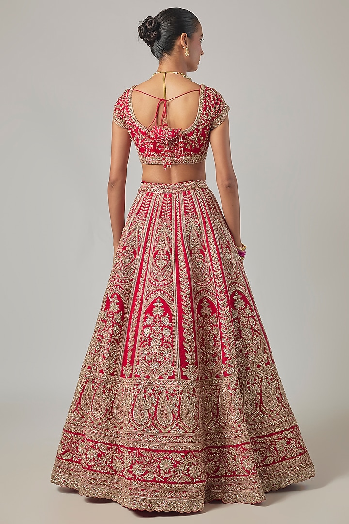Red Raw Silk Embroidered Bridal Lehenga Set by Kalighata at Pernia's Pop Up Shop