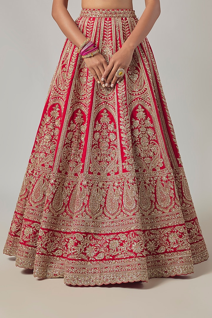 Red Raw Silk Embroidered Bridal Lehenga Set by Kalighata at Pernia's Pop Up Shop