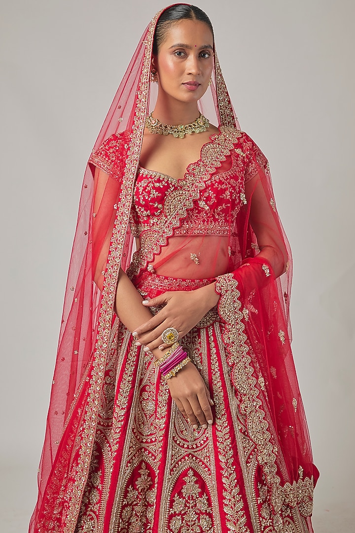 Red Raw Silk Embroidered Bridal Lehenga Set by Kalighata at Pernia's Pop Up Shop