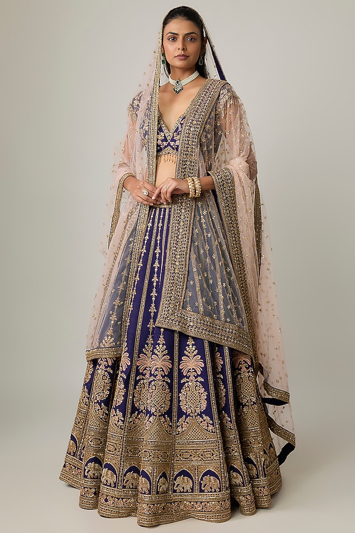Navy Raw Silk Bridal Lehenga Set by Kalighata at Pernia's Pop Up Shop