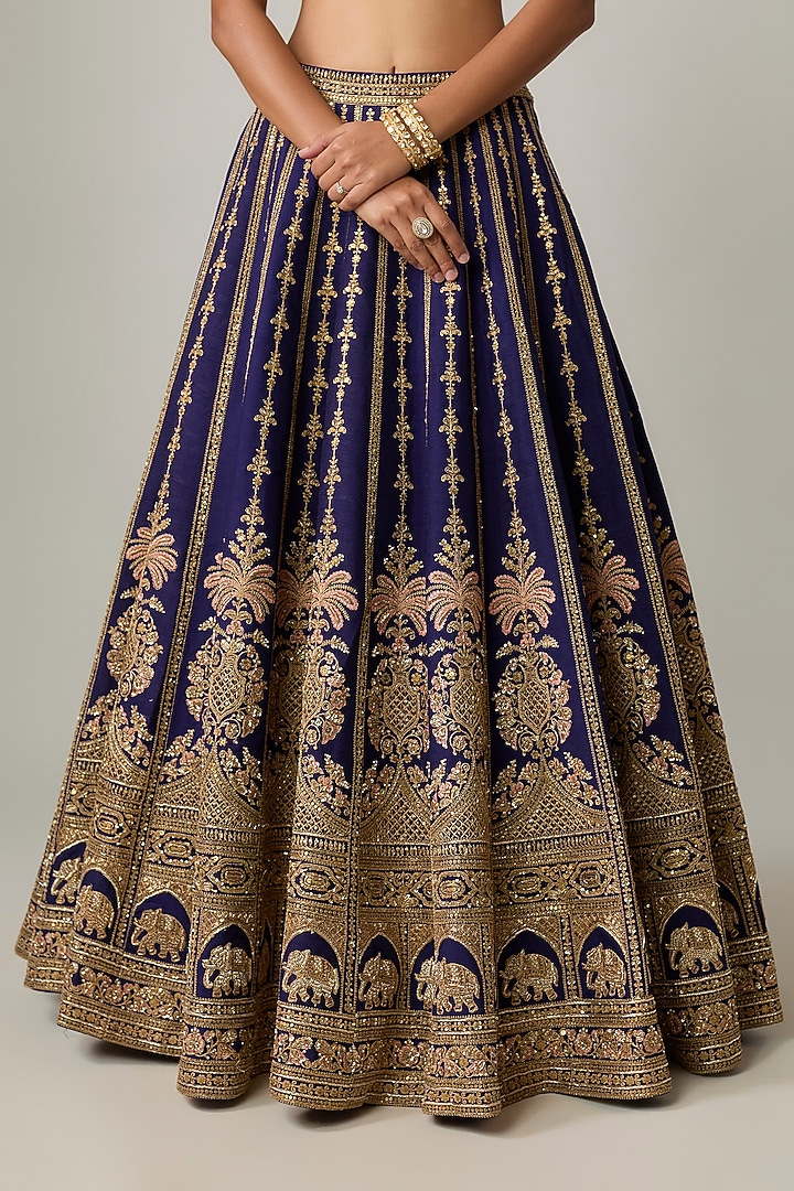 Navy Raw Silk Bridal Lehenga Set by Kalighata at Pernia's Pop Up Shop