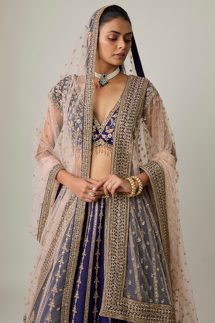 Navy Raw Silk Bridal Lehenga Set by Kalighata at Pernia's Pop Up Shop