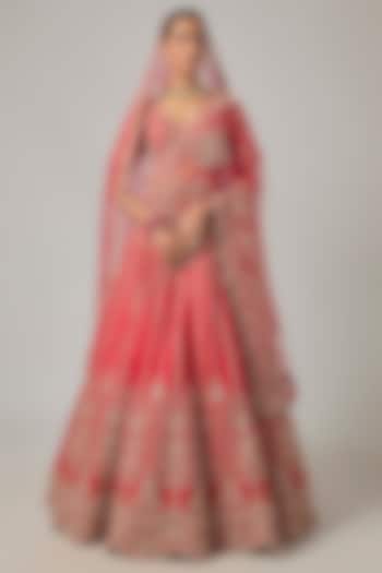 Red Raw Silk Embroidered Bridal Lehenga Set by Kalighata at Pernia's Pop Up Shop