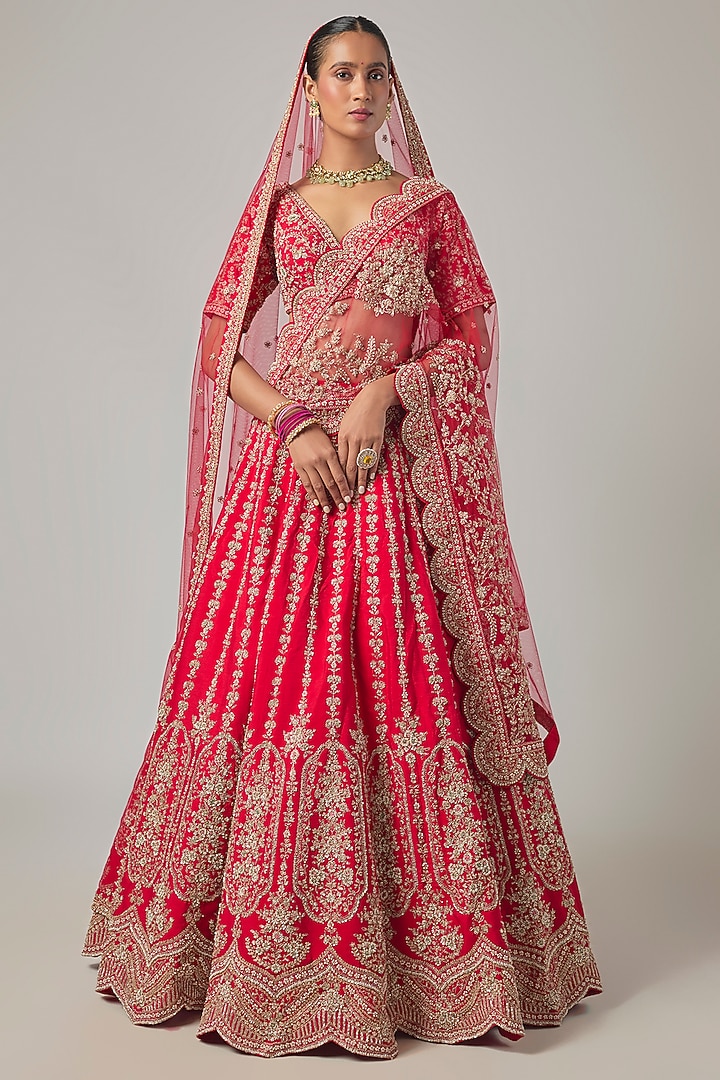 Red Raw Silk Embroidered Bridal Lehenga Set by Kalighata at Pernia's Pop Up Shop