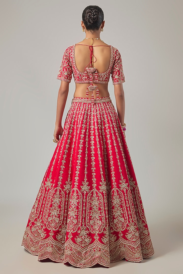 Red Raw Silk Embroidered Bridal Lehenga Set by Kalighata at Pernia's Pop Up Shop