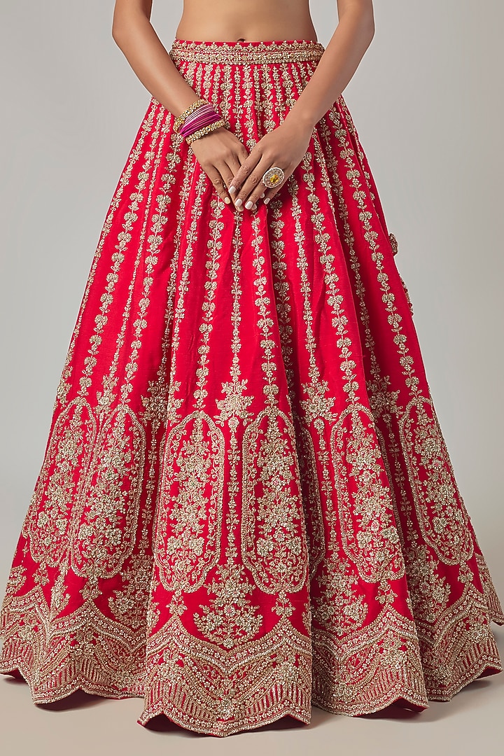 Red Raw Silk Embroidered Bridal Lehenga Set by Kalighata at Pernia's Pop Up Shop