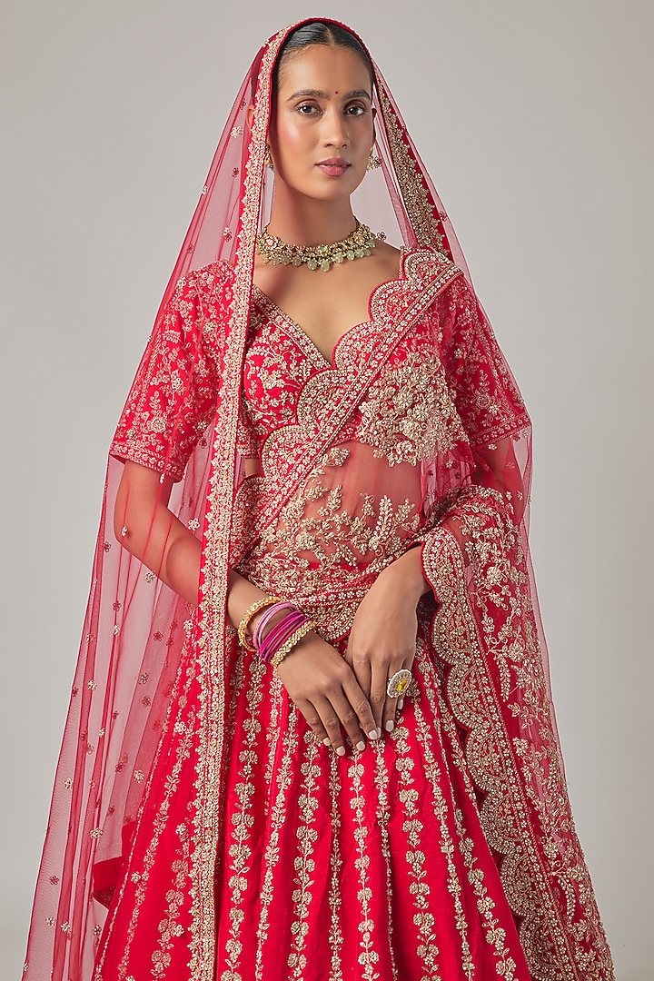 Red Raw Silk Embroidered Bridal Lehenga Set by Kalighata at Pernia's Pop Up Shop