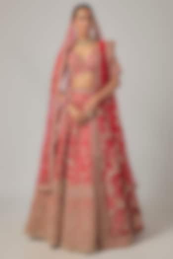 Red Raw Silk Embroidered Bridal Lehenga Set by Kalighata at Pernia's Pop Up Shop