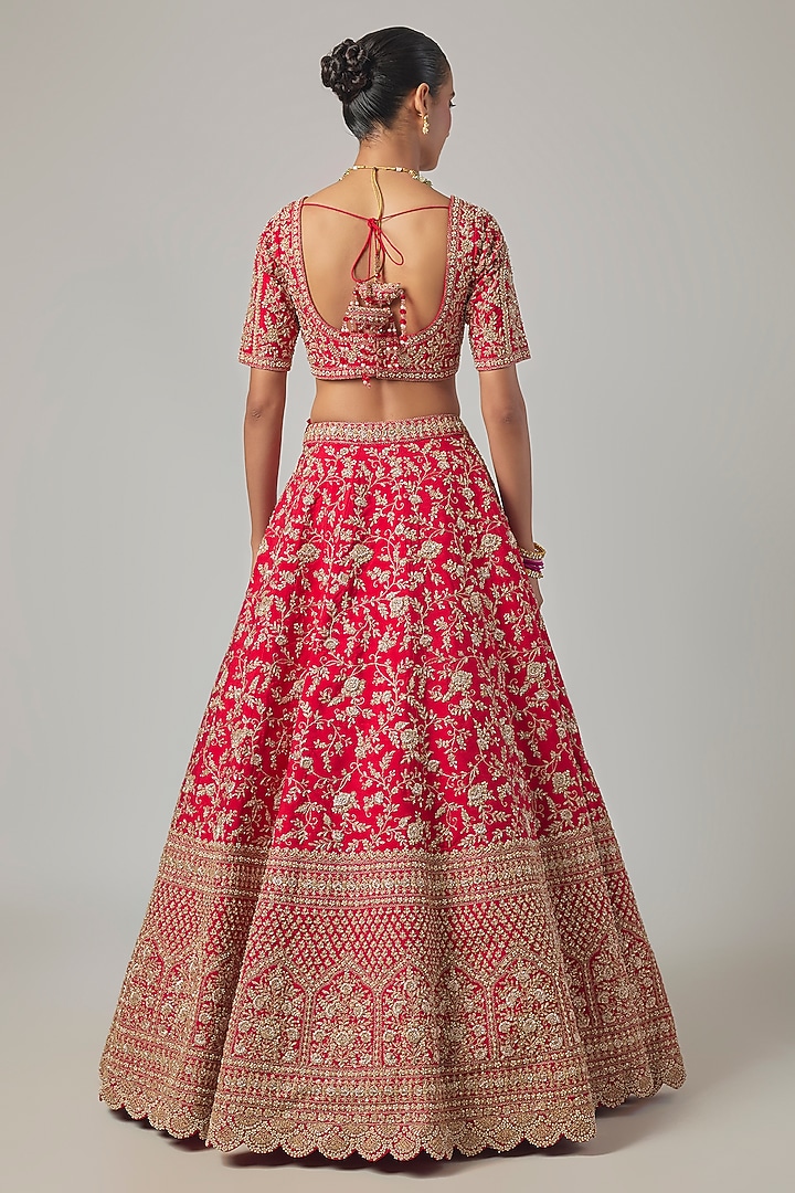 Red Raw Silk Embroidered Bridal Lehenga Set by Kalighata at Pernia's Pop Up Shop