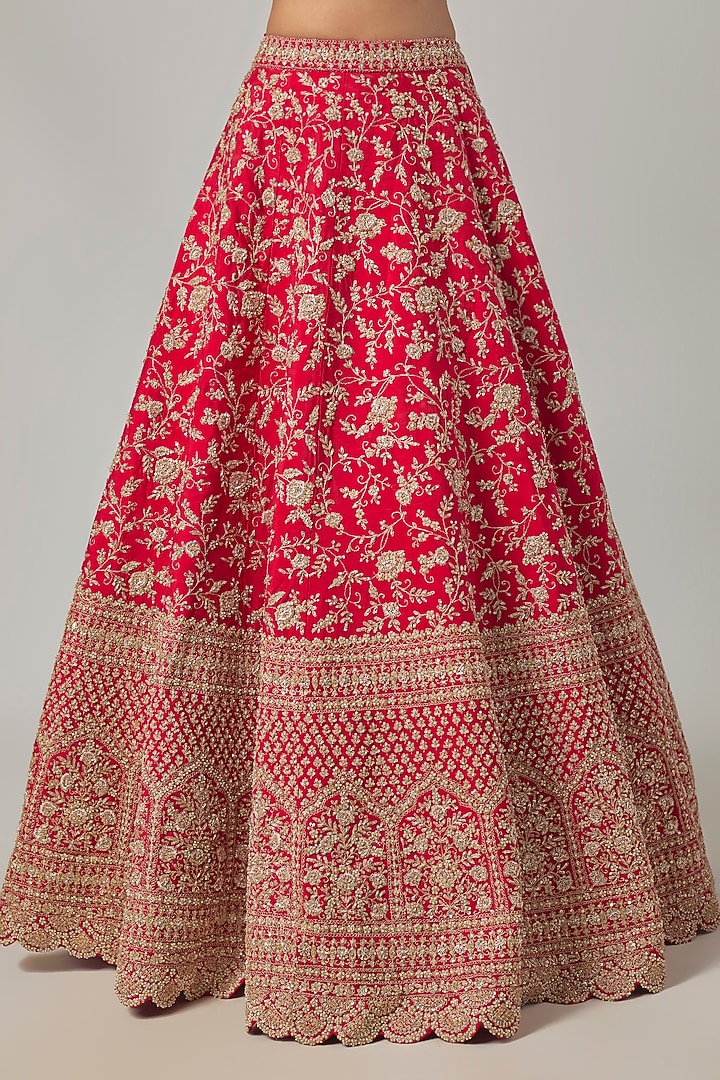 Red Raw Silk Embroidered Bridal Lehenga Set by Kalighata at Pernia's Pop Up Shop