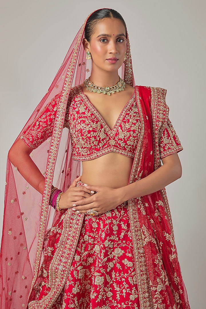 Red Raw Silk Embroidered Bridal Lehenga Set by Kalighata at Pernia's Pop Up Shop