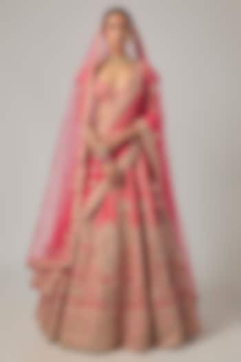 Coral Raw Silk Embroidered Bridal Lehenga Set by Kalighata at Pernia's Pop Up Shop
