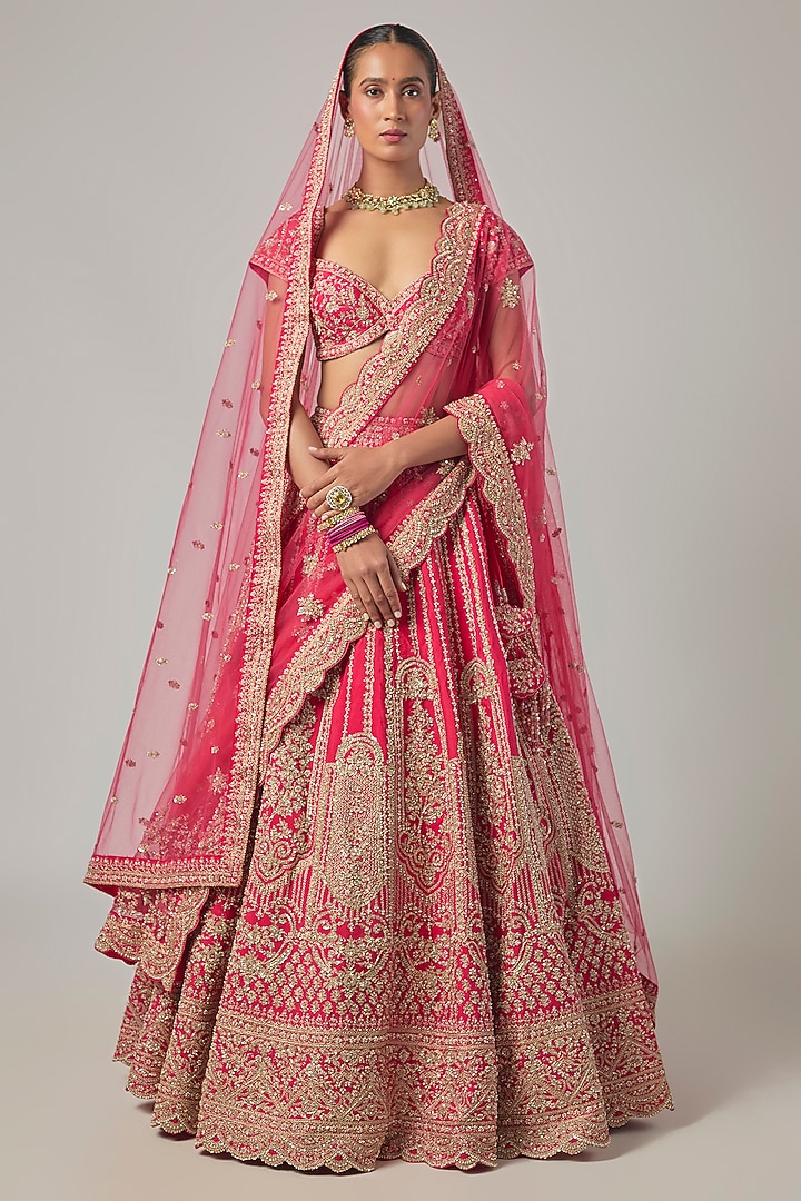 Coral Raw Silk Embroidered Bridal Lehenga Set by Kalighata at Pernia's Pop Up Shop