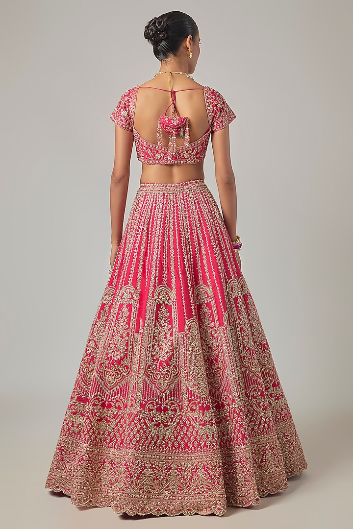 Coral Raw Silk Embroidered Bridal Lehenga Set by Kalighata at Pernia's Pop Up Shop
