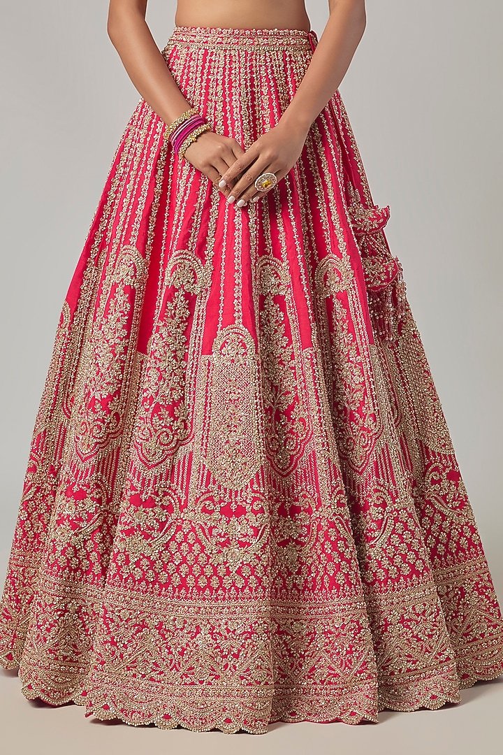 Coral Raw Silk Embroidered Bridal Lehenga Set by Kalighata at Pernia's Pop Up Shop