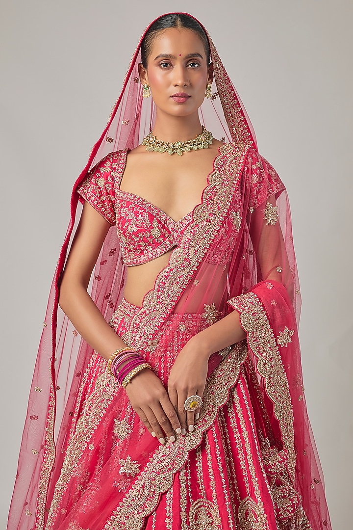 Coral Raw Silk Embroidered Bridal Lehenga Set by Kalighata at Pernia's Pop Up Shop