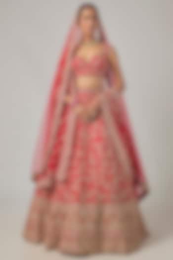 Red Raw Silk Embroidered Bridal Lehenga Set by Kalighata at Pernia's Pop Up Shop