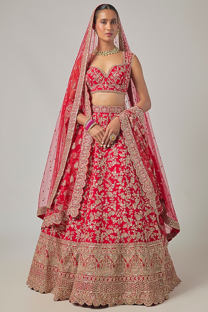 Red Raw Silk Embroidered Bridal Lehenga Set by Kalighata at Pernia's Pop Up Shop