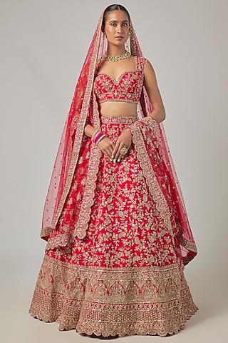 Red Raw Silk Embroidered Lehenga Set by Kalighata