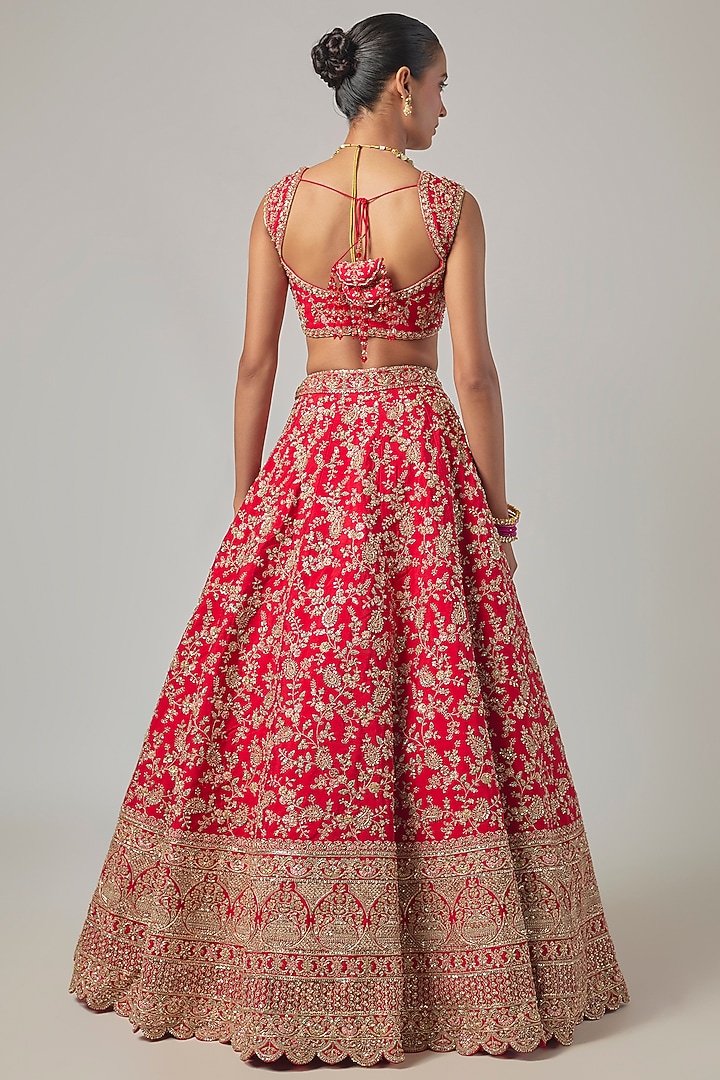 Red Raw Silk Embroidered Bridal Lehenga Set by Kalighata at Pernia's Pop Up Shop