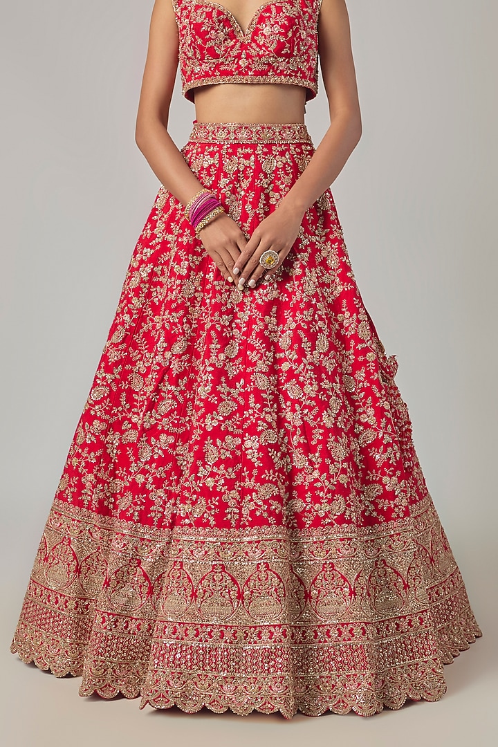 Red Raw Silk Embroidered Bridal Lehenga Set by Kalighata at Pernia's Pop Up Shop