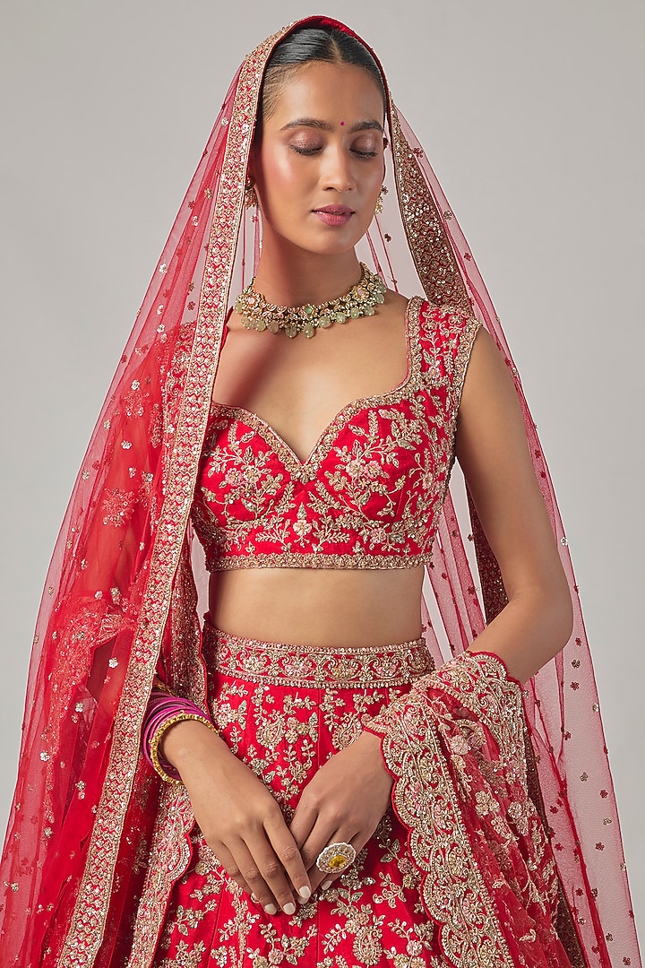 Red Raw Silk Embroidered Bridal Lehenga Set by Kalighata at Pernia's Pop Up Shop