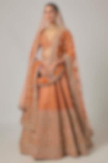 Rust Raw Silk Embroidered Bridal Lehenga Set by Kalighata at Pernia's Pop Up Shop