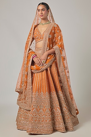 Rust Raw Silk Embroidered Lehenga Set by Kalighata
