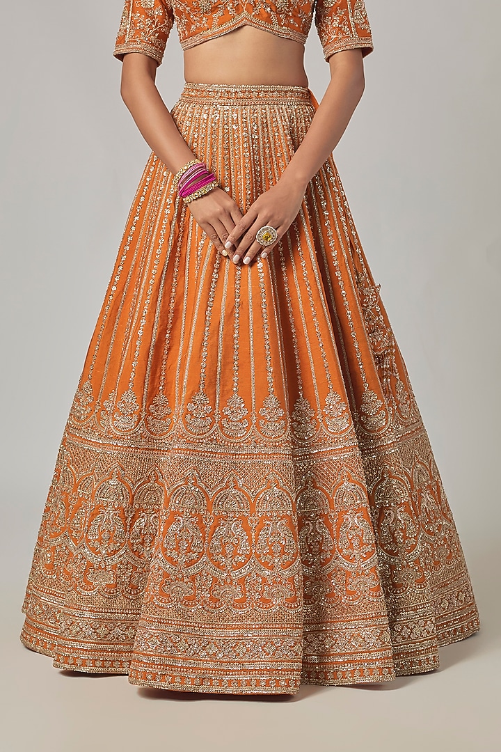Rust Raw Silk Embroidered Bridal Lehenga Set by Kalighata at Pernia's Pop Up Shop