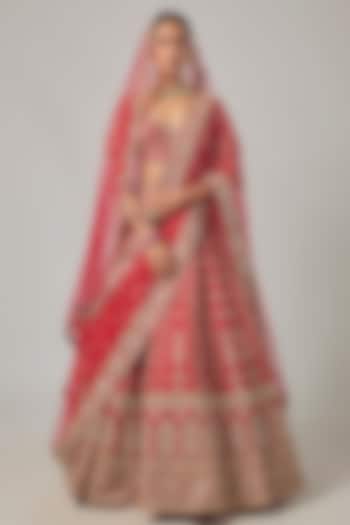 Red Raw Silk Embroidered Bridal Lehenga Set by Kalighata at Pernia's Pop Up Shop