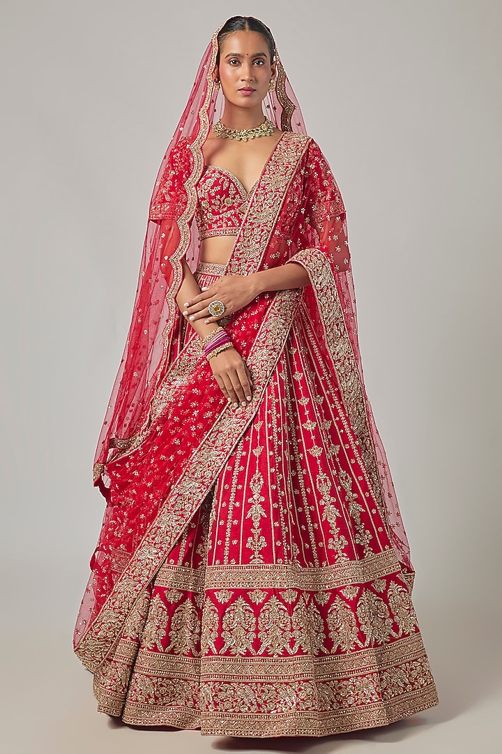 Red Raw Silk Embroidered Bridal Lehenga Set by Kalighata at Pernia's Pop Up Shop