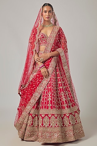 Red Raw Silk Embroidered Lehenga Set by Kalighata