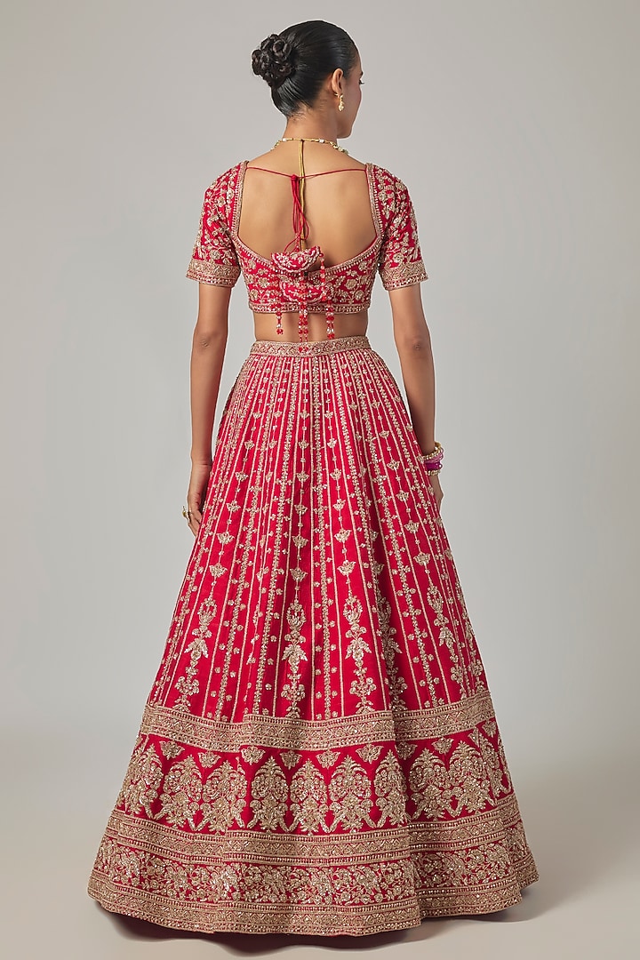 Red Raw Silk Embroidered Bridal Lehenga Set by Kalighata at Pernia's Pop Up Shop