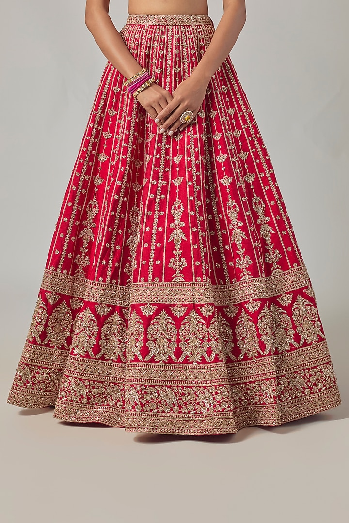 Red Raw Silk Embroidered Bridal Lehenga Set by Kalighata at Pernia's Pop Up Shop