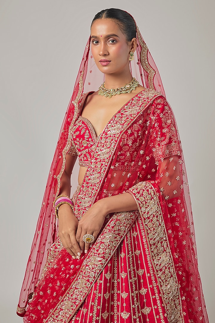Red Raw Silk Embroidered Bridal Lehenga Set by Kalighata at Pernia's Pop Up Shop