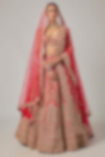 Red Raw Silk Embroidered Bridal Lehenga Set by Kalighata at Pernia's Pop Up Shop