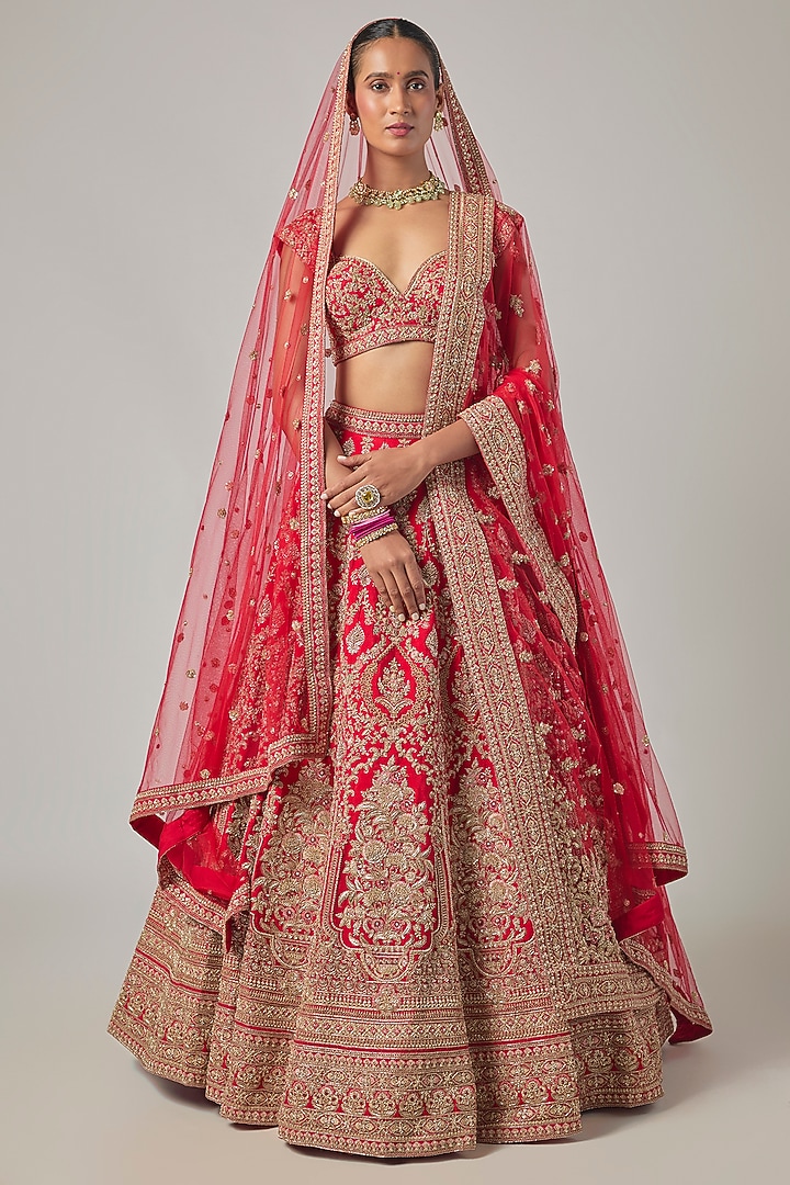 Red Raw Silk Embroidered Bridal Lehenga Set by Kalighata at Pernia's Pop Up Shop