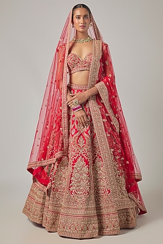 Red Raw Silk Embroidered Lehenga Set by Kalighata
