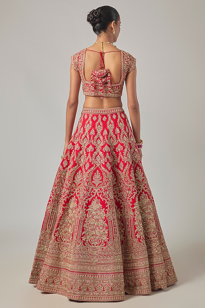 Red Raw Silk Embroidered Bridal Lehenga Set by Kalighata at Pernia's Pop Up Shop