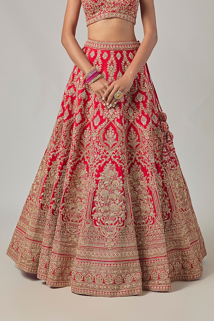 Red Raw Silk Embroidered Bridal Lehenga Set by Kalighata at Pernia's Pop Up Shop